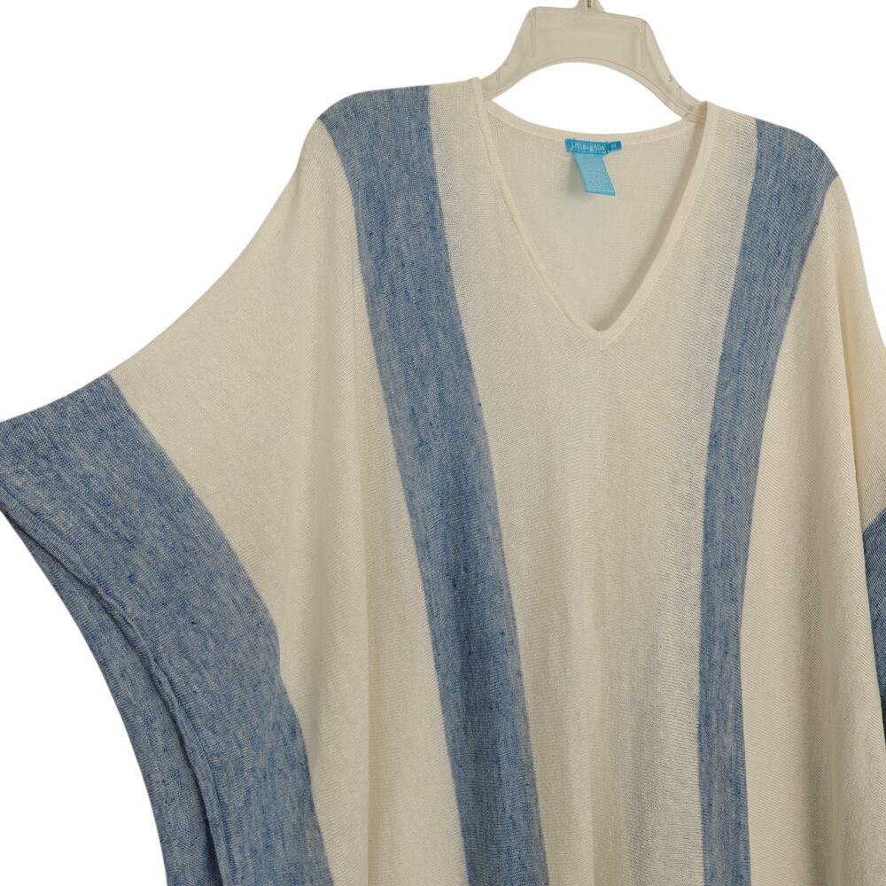 J. Mclaughlin Linen Knit Poncho Top One Size Blue White Beachy Coastal Coverup - Picture 3 of 7